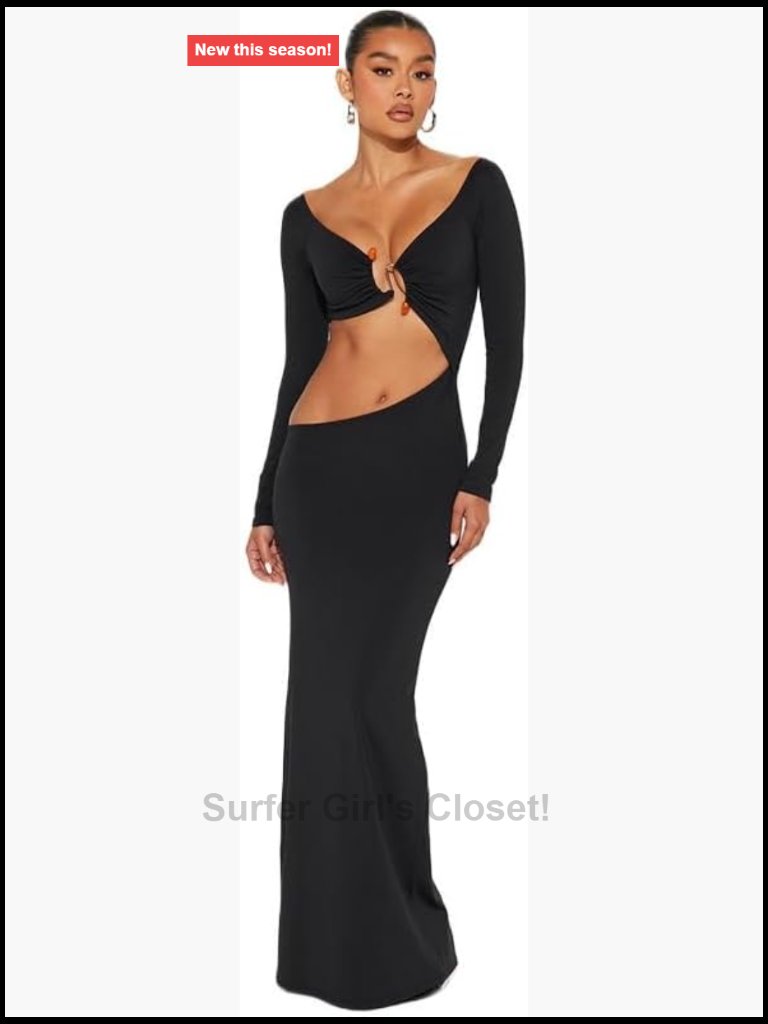 Hollow Out Bodycon Maxi Dress Long Sleeve Cutout Party Festival